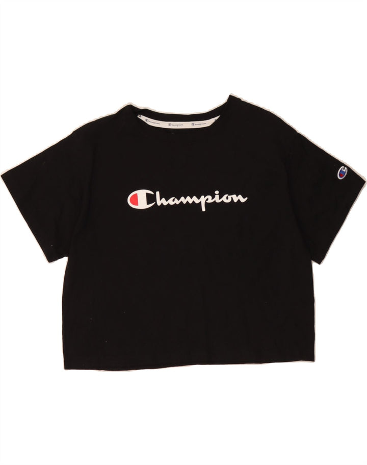 CHAMPION Womens Crop Graphic T-Shirt Top UK 14 Medium Black Polyester Vintage Champion and Second-Hand Champion from Messina Hembry 