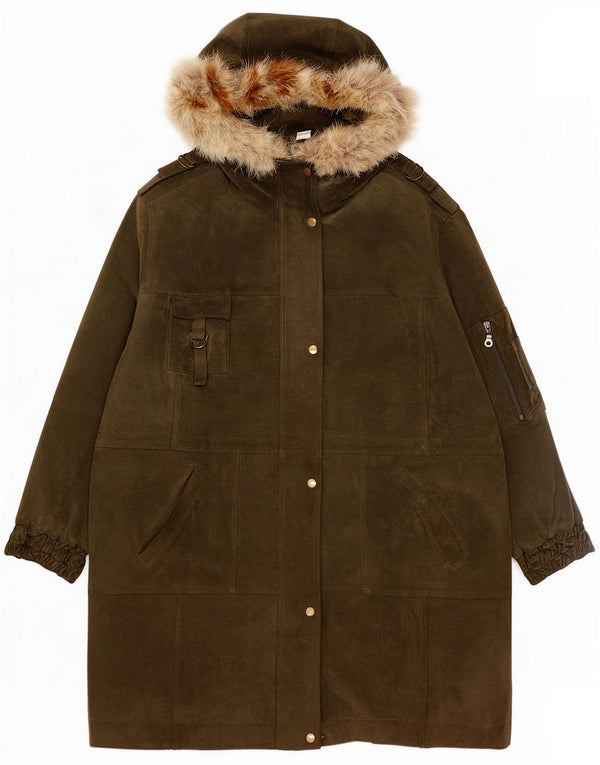 Vintage Damen Parka-Jacke aus Wildleder mit Kapuze, UK 24 4XL, Khaki-Leder