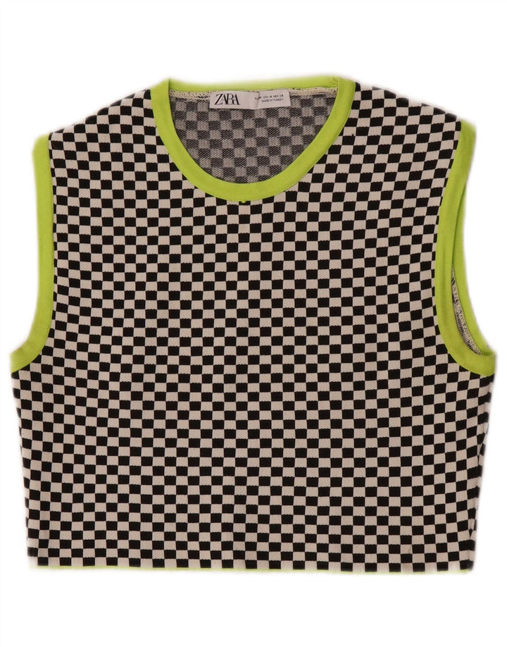 Zara Damen Crop Vest Top UK 12 Mittelschwarzes geometrisches Polyester