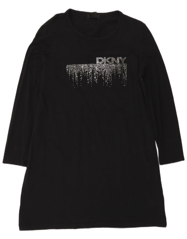 Dkny Damen Grafik-Langarm-T-Shirt-Kleid UK 18 XL Schwarz Baumwolle