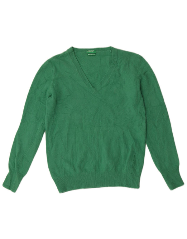 Benetton Damen-Pullover mit V-Ausschnitt, UK 14, Größe L, grüne Wolle