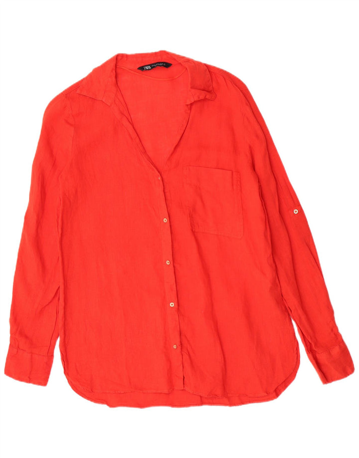 Zara Damen Langarm-Hemd, normal, UK 14, Mittelrot, Leinen