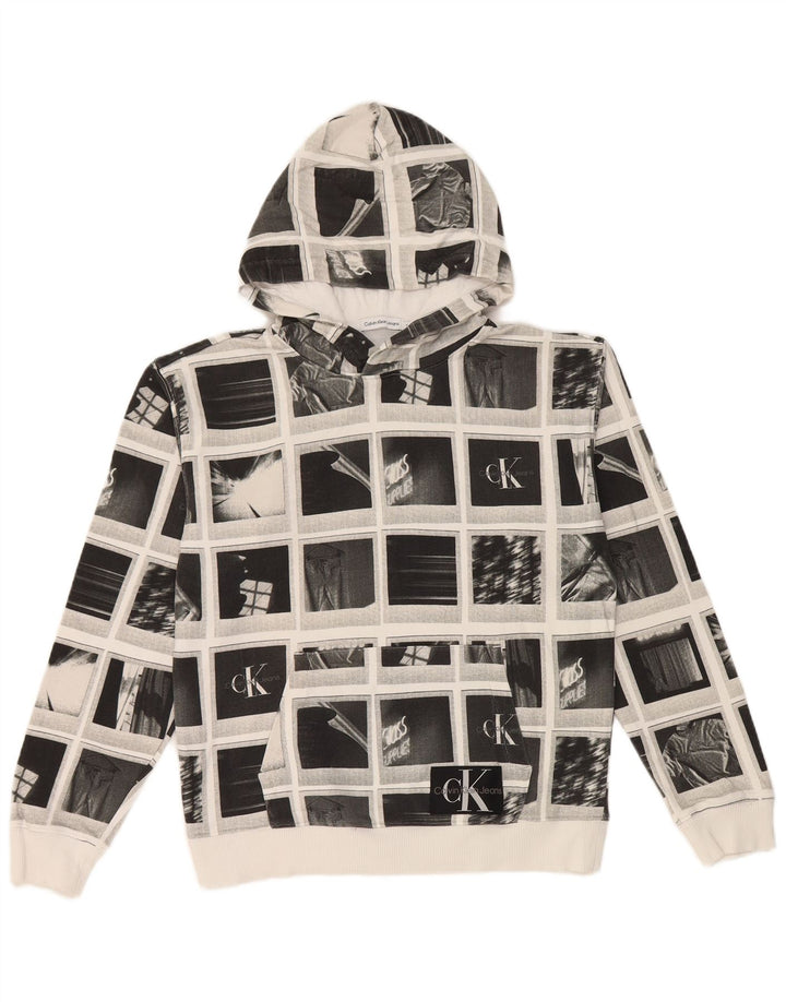 Calvin Klein Jeans Jungen-Pullover mit grafischem Kapuzenpullover, 13–14 Jahre, graues Patchwork