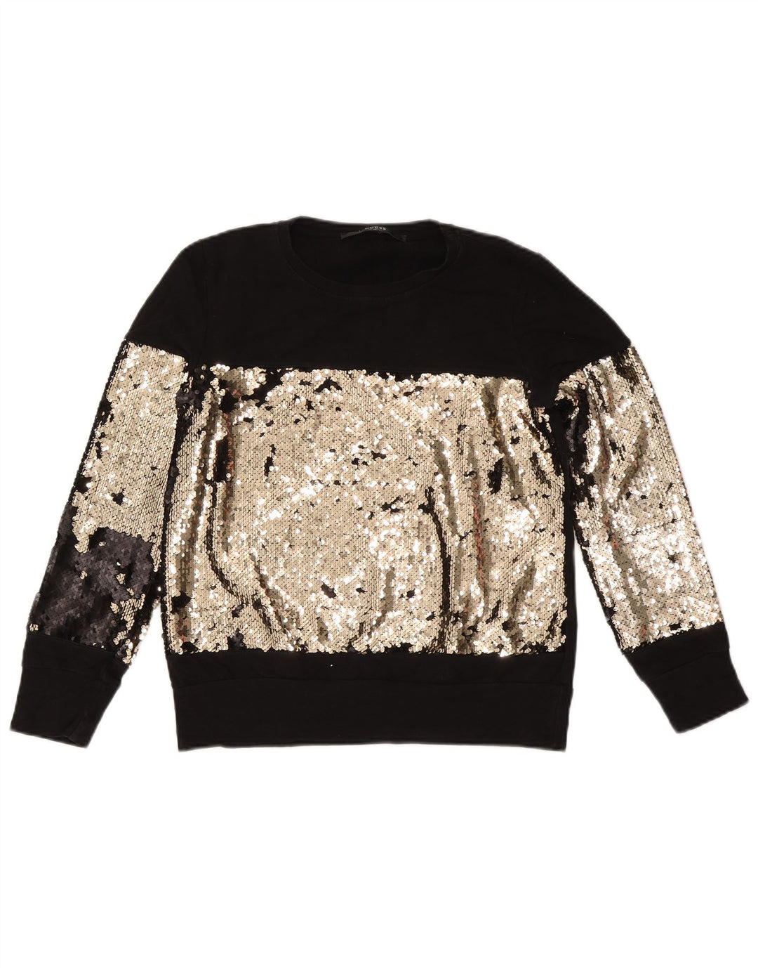 Guess Damen-Sweatshirt-Pullover UK 14 Mittelschwarze Colourblock-Baumwolle