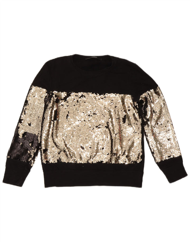 Guess Damen-Sweatshirt-Pullover UK 14 Mittelschwarze Colourblock-Baumwolle