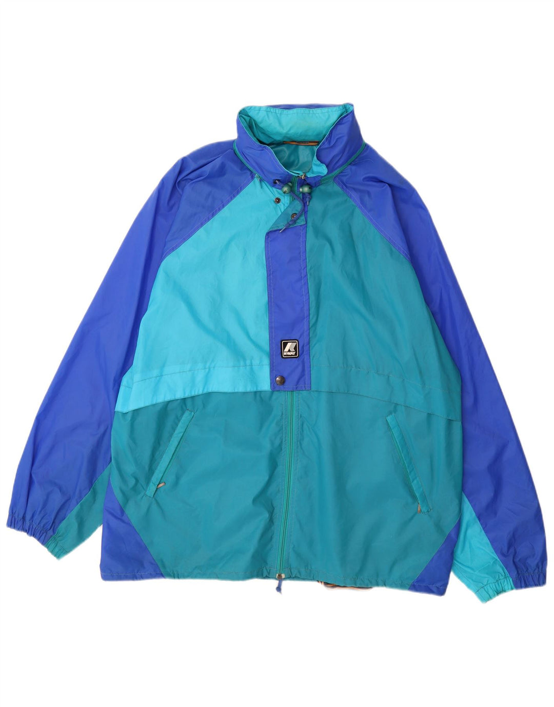 K-Way Herren-Regenjacke mit Kapuze, UK 42, XL, blaues Colourblock-Polyamid