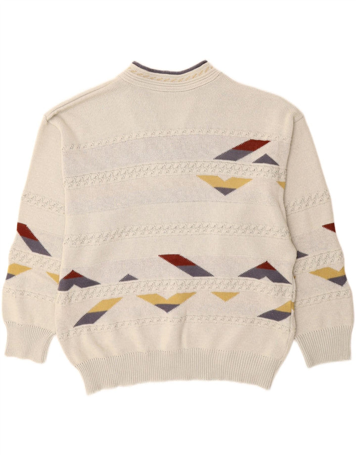 Vintage Herren Pullover mit V-Ausschnitt XL Weiß Geometrisch