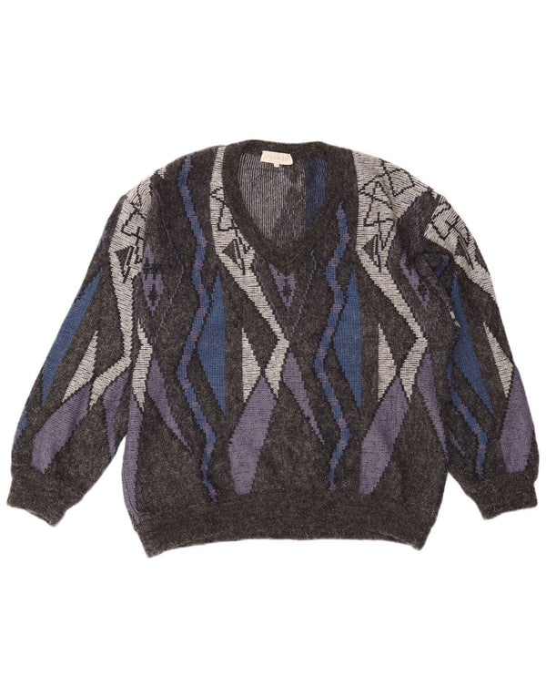 Vintage Herren Pullover mit V-Ausschnitt IT 54 XL Graue geometrische Wolle