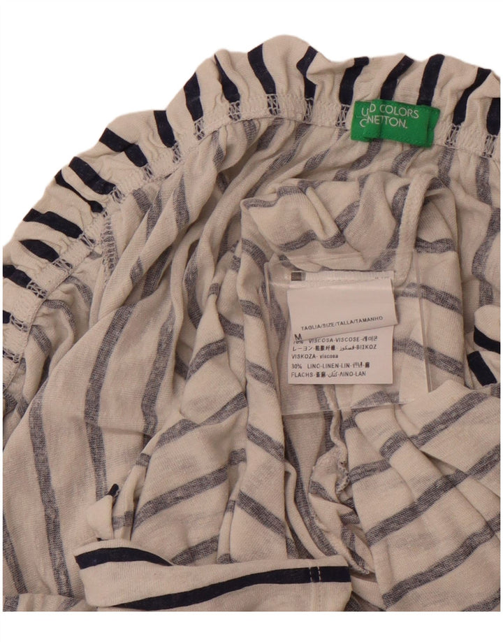 BENETTON Damen-Top mit 3/4-Ärmeln, schulterfrei, UK-Größe 44, mittelweiß gestreift