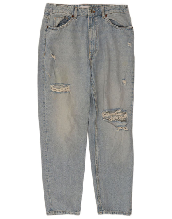 Zara Damen High Waist Distressed Tapered Jeans EU 42 Large W32 L27 Blau