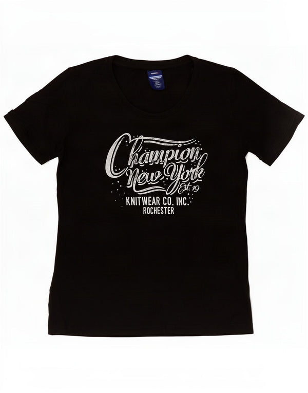 Champion Womens Graphic T-Shirt Top UK 12 Mittelschwarze Baumwolle
