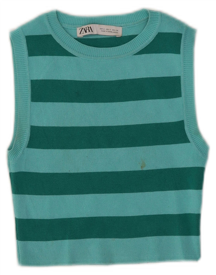Zara Damen Crop Vest Top UK 8 Small Blau gestreifte Viskose