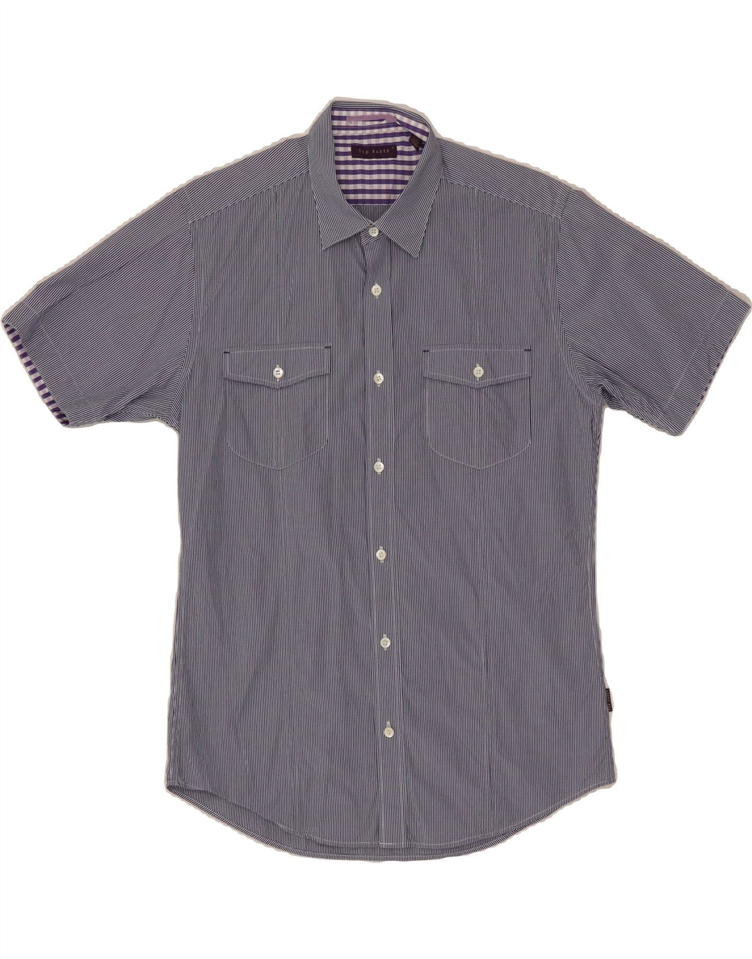 TED BAKER Mens Short Sleeve Shirt Size 4 Large Navy Blue Pinstripe Cotton Vintage Ted Baker and Second-Hand Ted Baker from Messina Hembry 