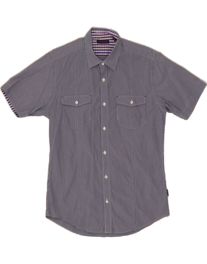 TED BAKER Mens Short Sleeve Shirt Size 4 Large Navy Blue Pinstripe Cotton Vintage Ted Baker and Second-Hand Ted Baker from Messina Hembry 