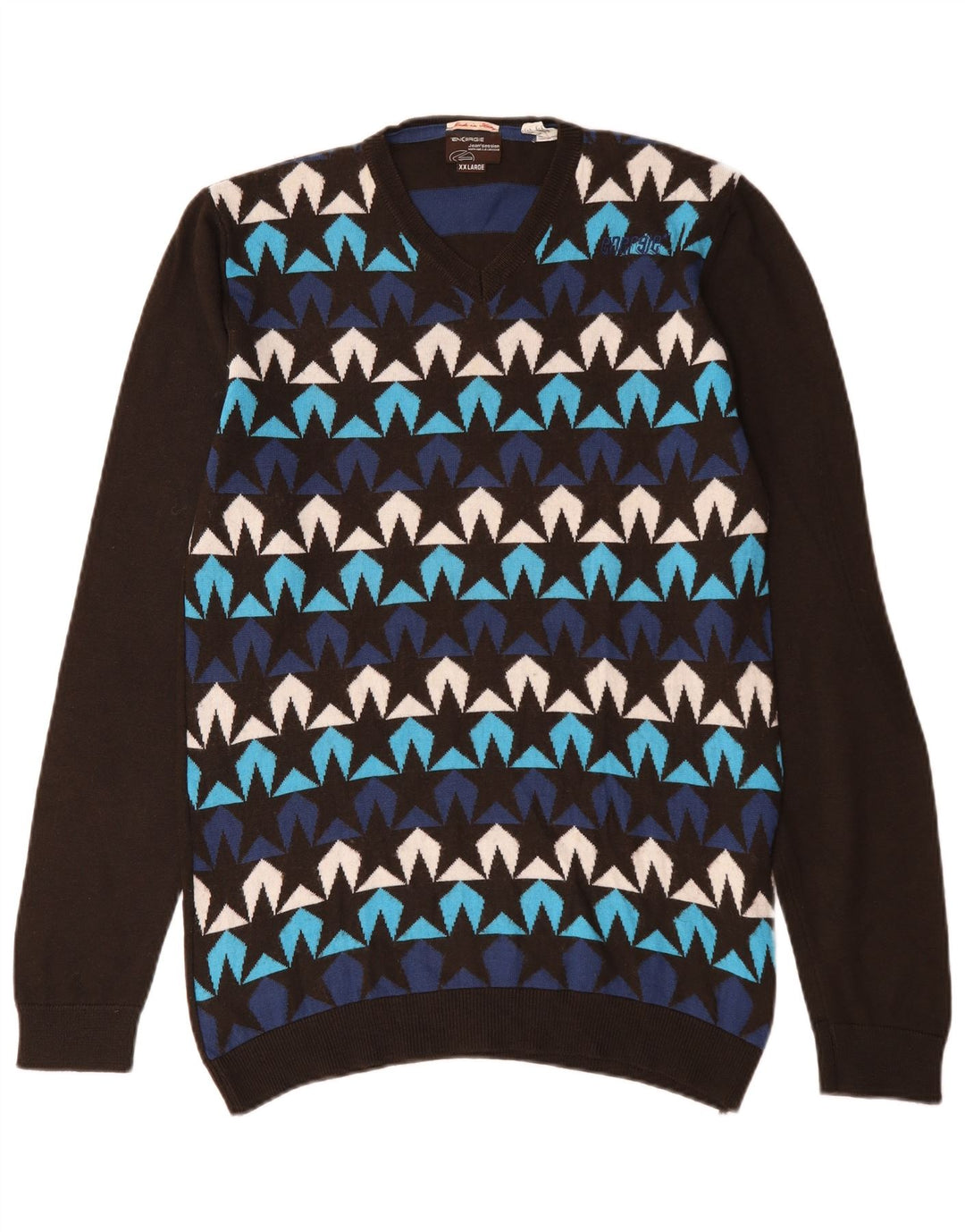 Energie Herren-Pullover mit abstraktem Muster und V-Ausschnitt, 2XL, mehrfarbig, Wolle