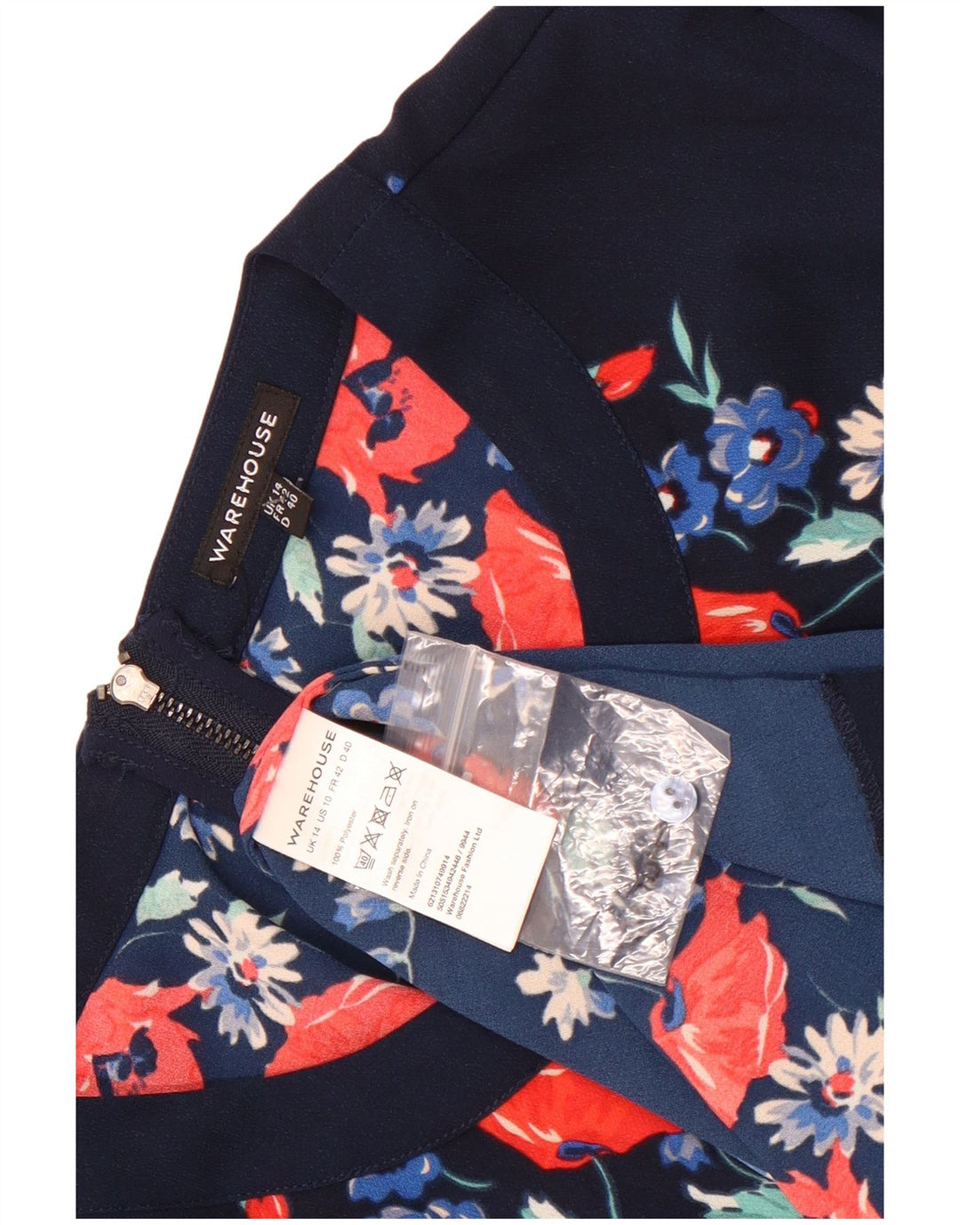 Langärmliges Etuikleid für Damen von Warehouse, UK-Größe 44, mittleres Marineblau mit Blumenmuster