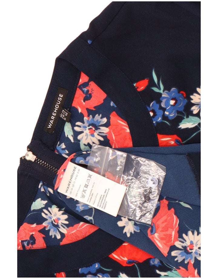 Langärmliges Etuikleid für Damen von Warehouse, UK-Größe 44, mittleres Marineblau mit Blumenmuster
