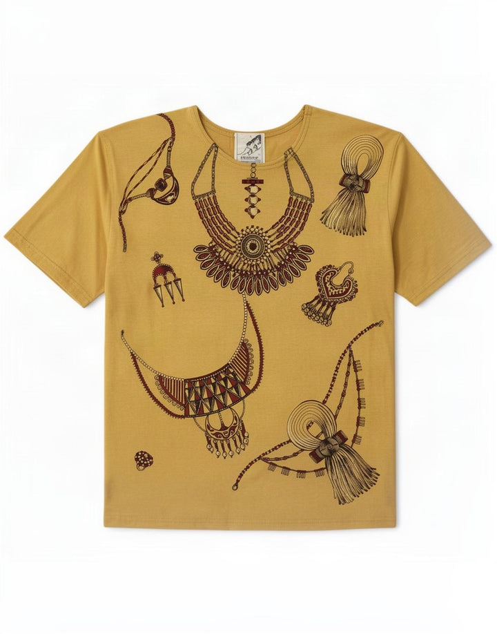 Vintage Damen T-Shirt mit abstraktem Muster und Grafik, Größe 46, Braun