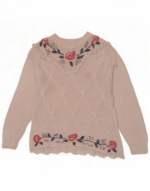 Vintage Damen-Pullover mit Rundhalsausschnitt, UK 14, mittelweiß, florales Ramie