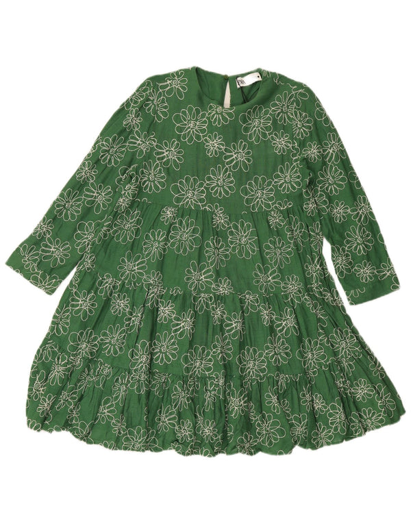 Zara Damen-Kleid mit 3/4-Ärmeln, lockerer Passform, gestuftes Kleid, Gr. 6, XS, grün geblümte Viskose