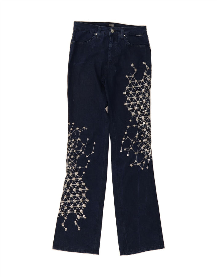 FERRE Womens Graphic Bootcut Jeans W28 L33 Blue Check Cotton Vintage Ferre and Second-Hand Ferre from Messina Hembry 