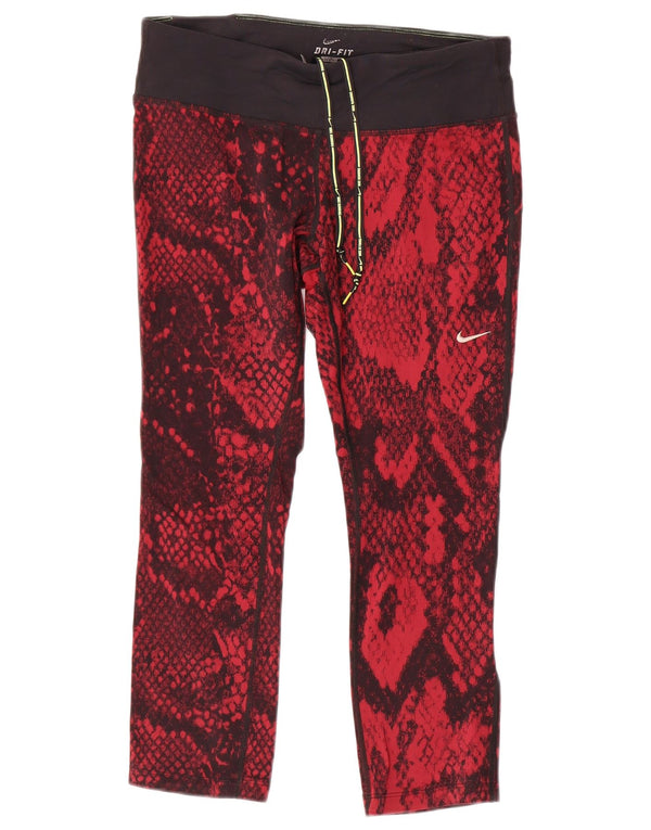 Nike Damen Dri Fit Crop Leggings UK 14 Mittelrotes Nylon mit Animal-Print
