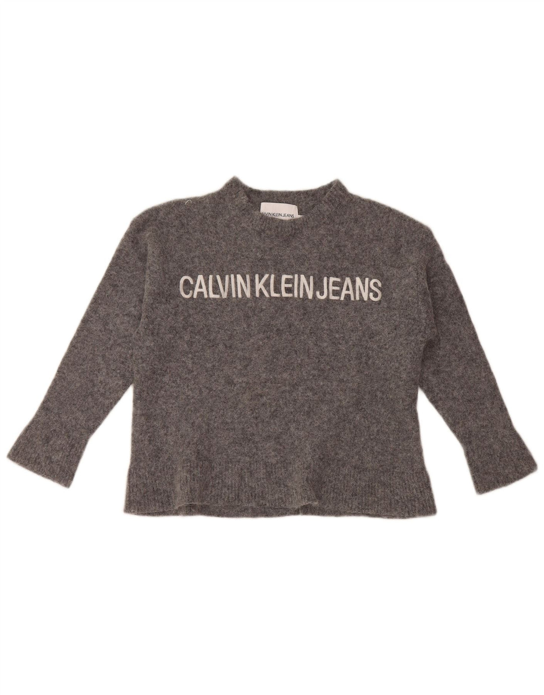 Calvin Klein Mädchen-Pullover mit Rundhalsausschnitt, 9–10 Jahre, Größe L, Grau, Polyamid