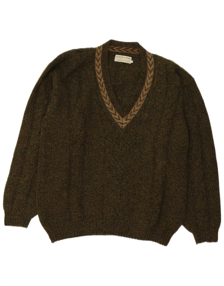 Macalastair Herren-Pullover mit V-Ausschnitt, groß, Khaki, geometrische Wolle