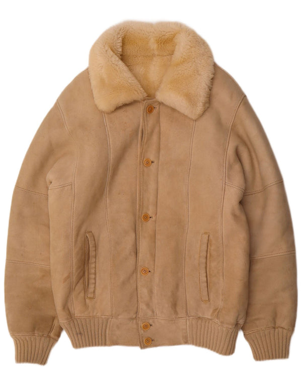VINTAGE Herren Sherpa Jacke IT 56 3XL Beige Wolle
