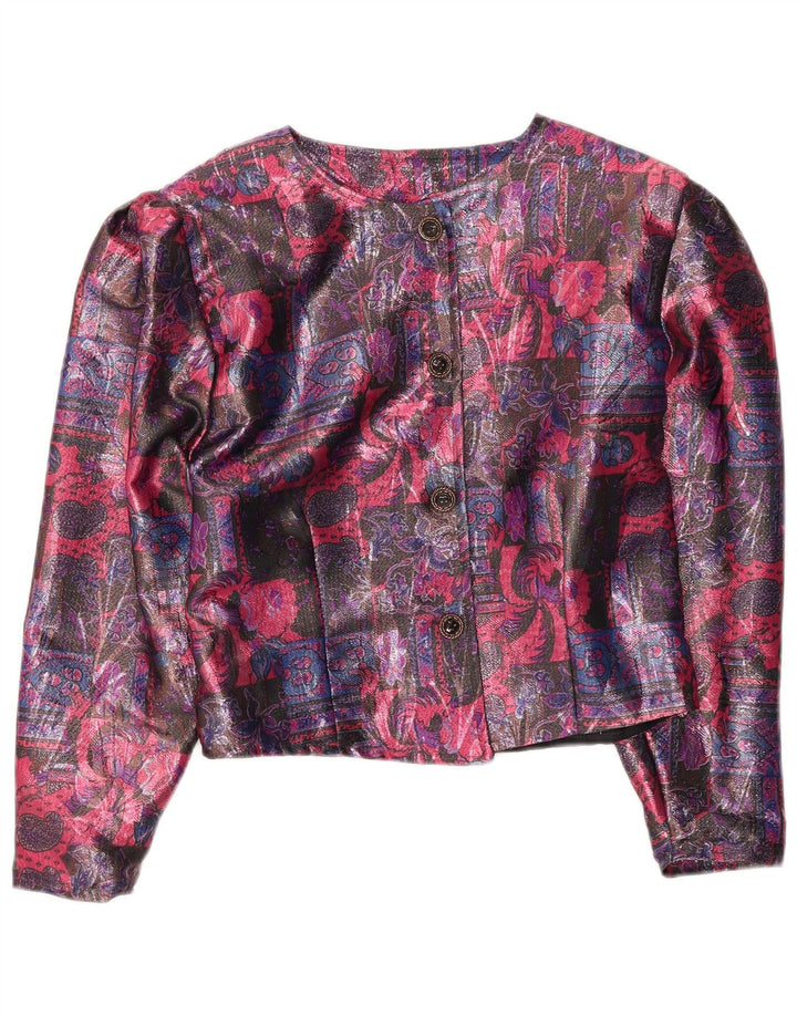 Vintage Damen Crop 4-Knopf-Blazerjacke UK 16 Großes mehrfarbiges Blumenmuster