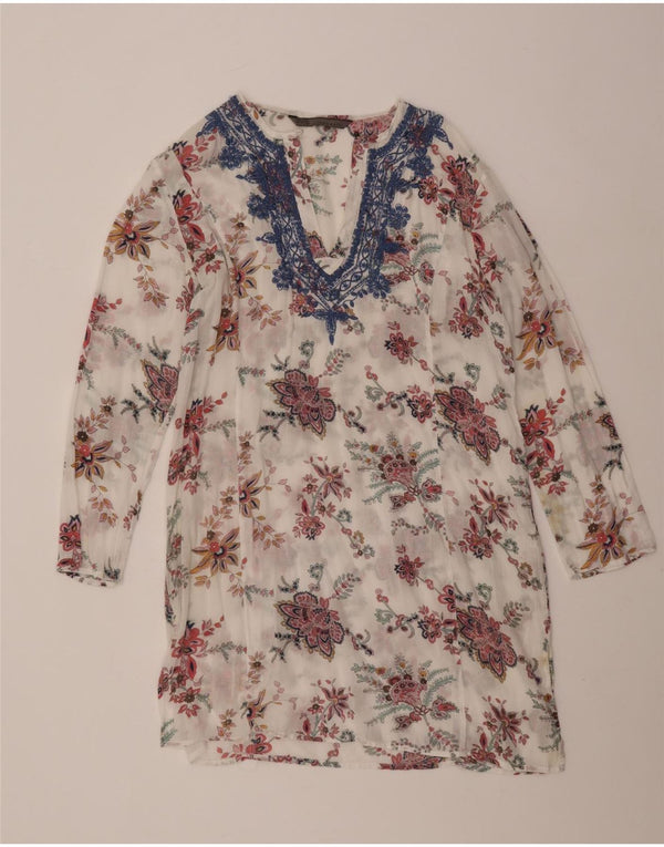 Zara Womens Beach Tunic Dress UK 16 Large Off White Floral Cotton