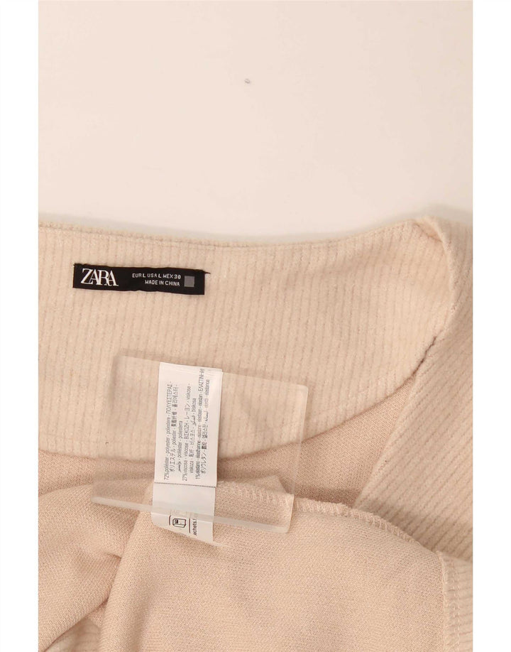 Zara Damen Langarm-Blusenoberteil UK 14 Large Beige Polyester