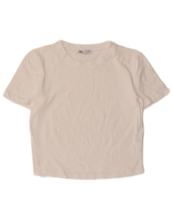 Zara Damen Crop T-Shirt Top UK 14 Large Weiße Baumwolle
