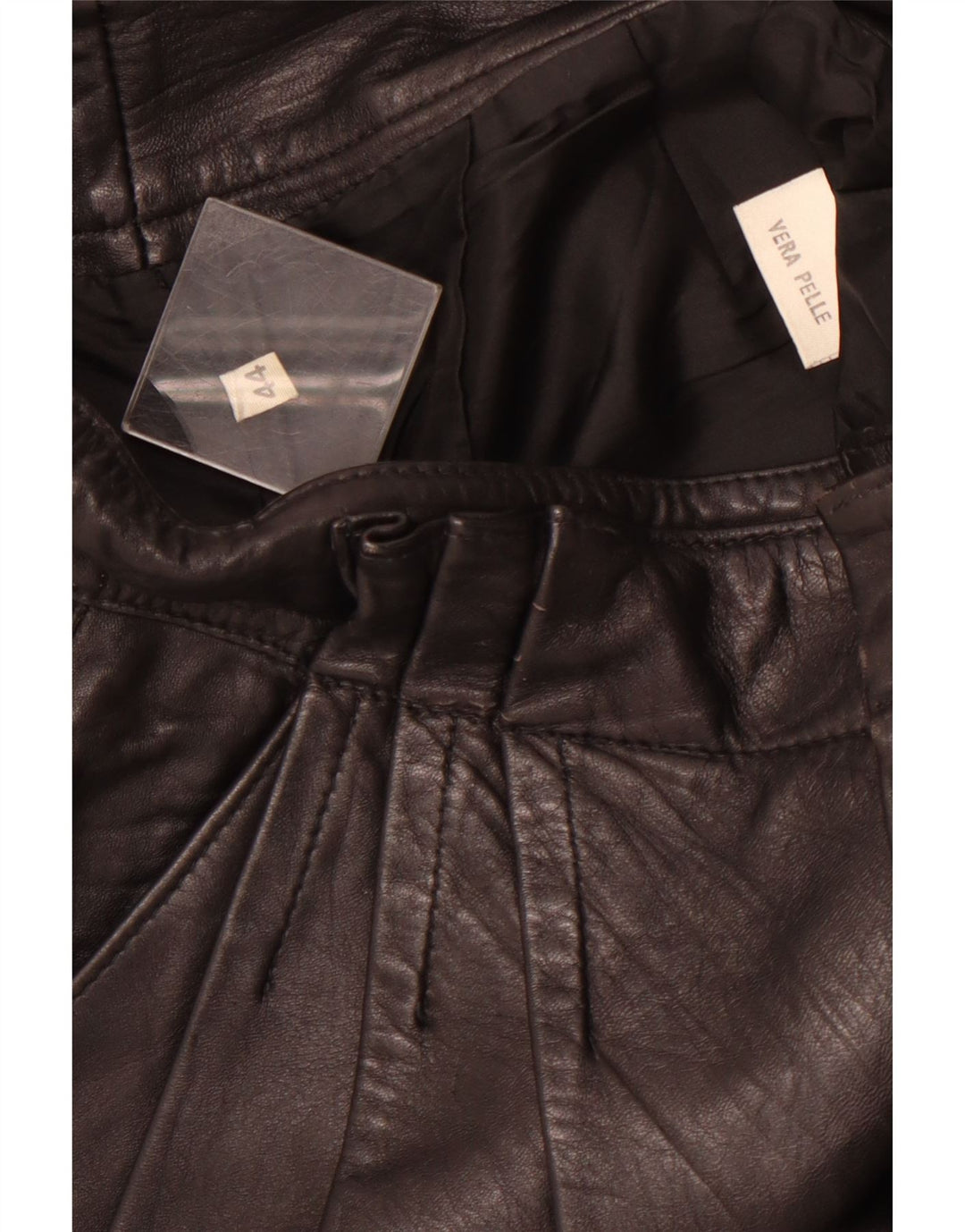 VINTAGE Damen-Lederhose mit Klammern, Größe 44, mittelgroß, W26, L26, schwarzes Leder