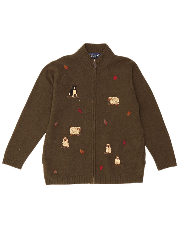 Tulchan Womens Graphic Cardigan Sweater UK 14 Medium Khaki Wool