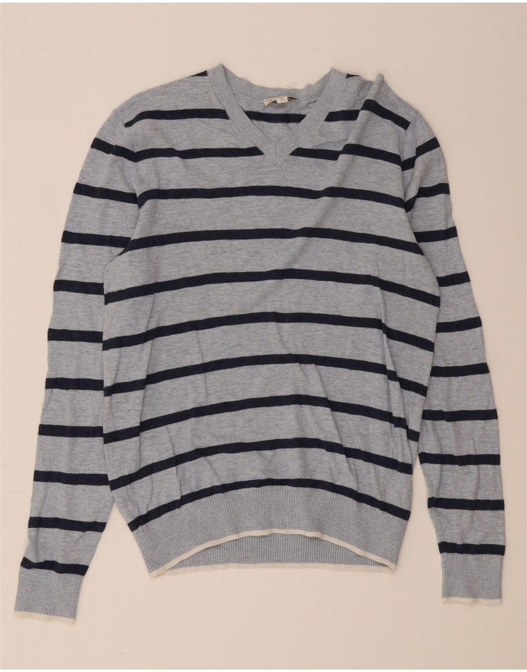 Gap Herren-Pullover mit V-Ausschnitt, mittelblau, gestreift, Baumwolle