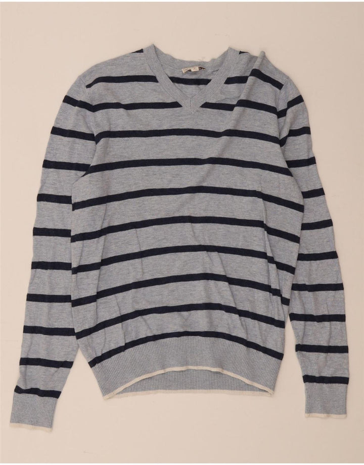 Gap Herren-Pullover mit V-Ausschnitt, mittelblau, gestreift, Baumwolle