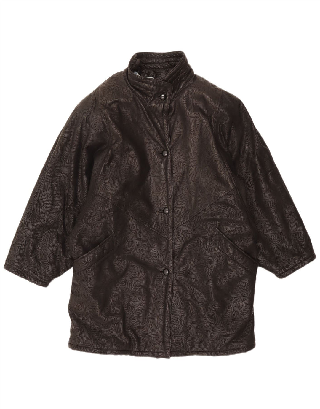 Vintage Damen Übergroßer Ledermantel UK 20 2XL Schwarz Geometrisch