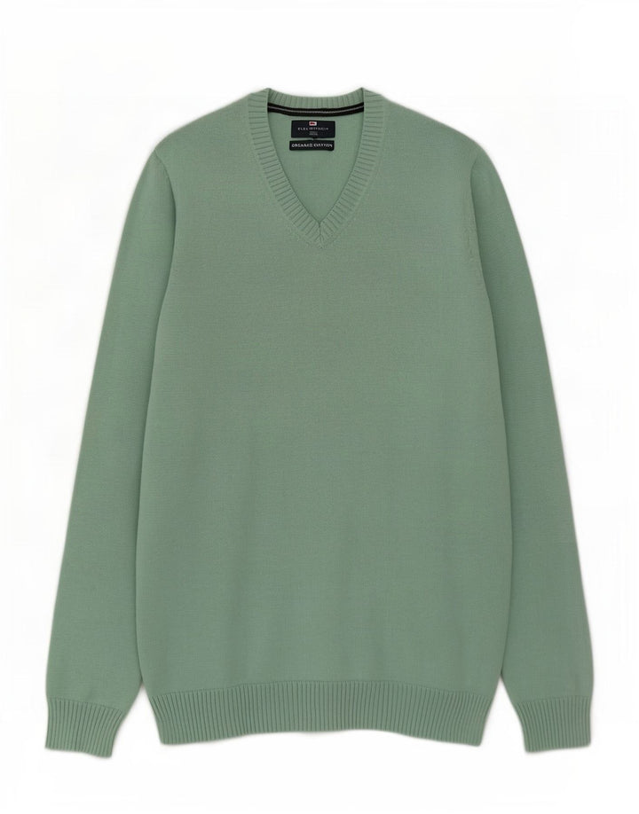 Marks & Spencer Herren Blauer Harbour-Pullover mit V-Ausschnitt aus mittelgrüner Baumwolle