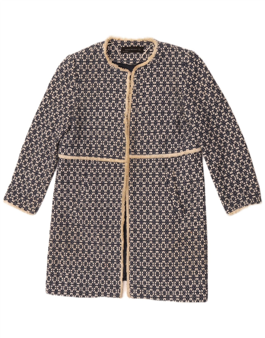 Offener Damenmantel von Zara UK 12 Mittelmarineblaue geometrische Baumwolle
