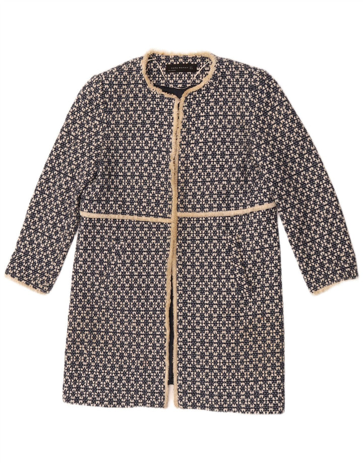 Offener Damenmantel von Zara UK 12 Mittelmarineblaue geometrische Baumwolle