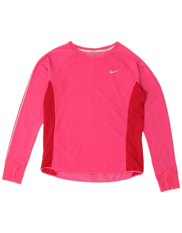Nike Damen Dri Fit Top Langarm UK 14 Mittelrosa Colourblock Lyocell