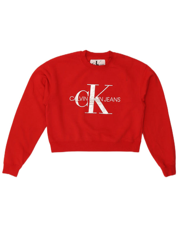 CALVIN KLEIN JEANS Damen Übergroßer Crop Sweatshirt Pullover UK 6 XS Rot