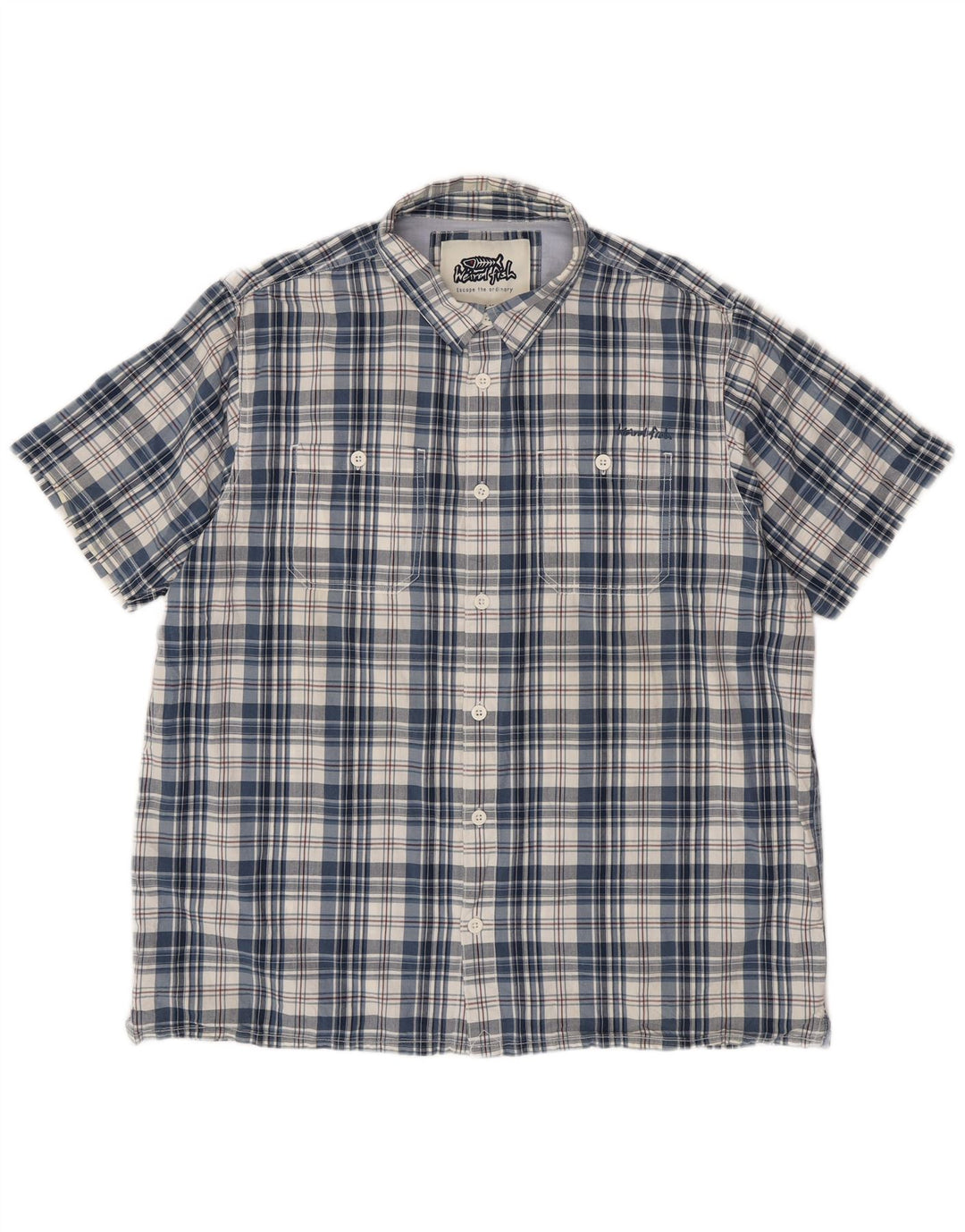 WEIRD FISH Herren-Kurzarmhemd 2XL, blau kariert, Baumwolle