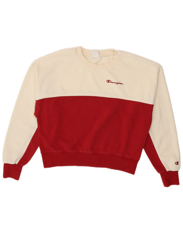 Champion Damen Crop Sweatshirt Pullover UK 16 Large Off White Colourblock