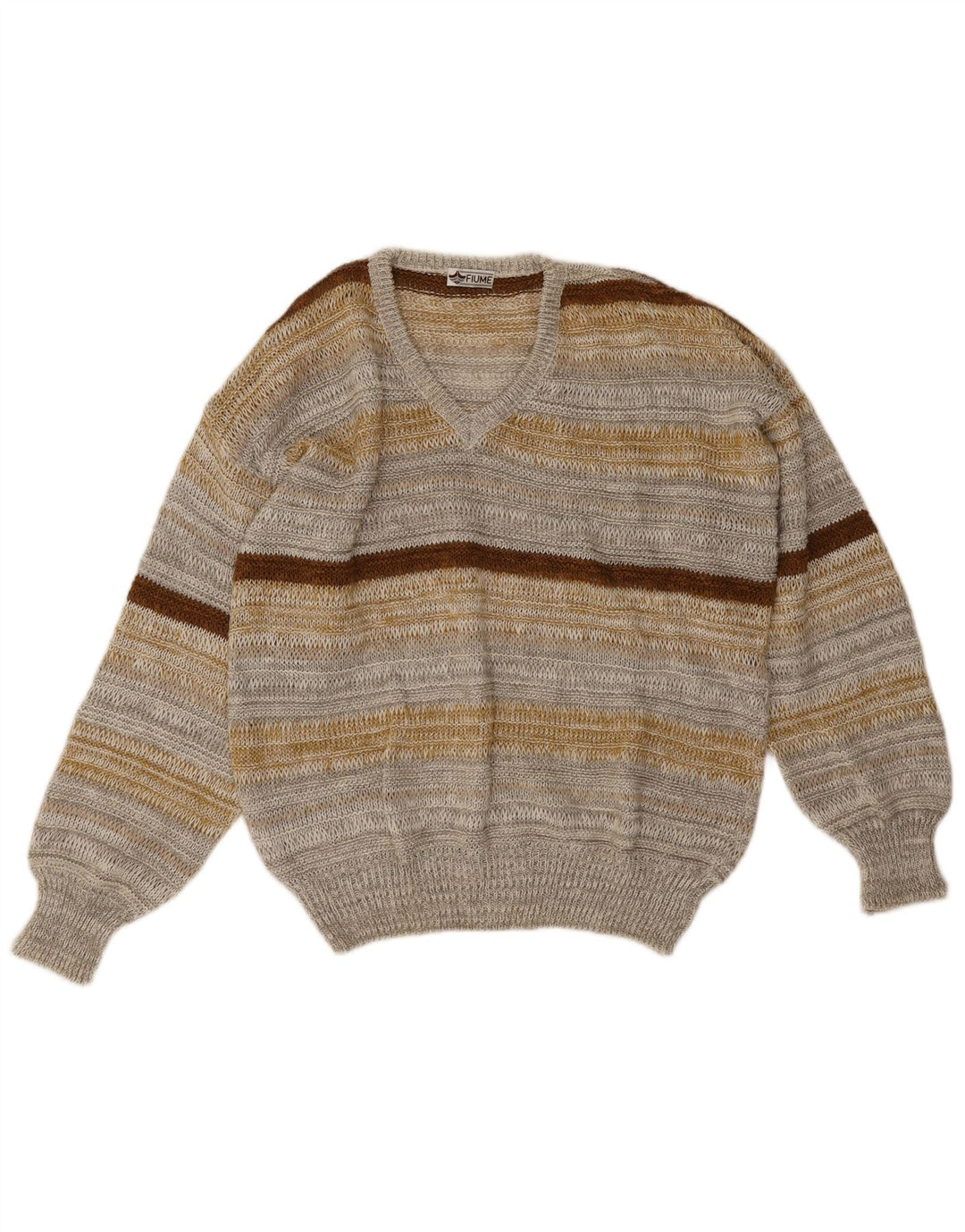 Fiume Herren-Pullover mit V-Ausschnitt, groß, grau gestreift, Leinen