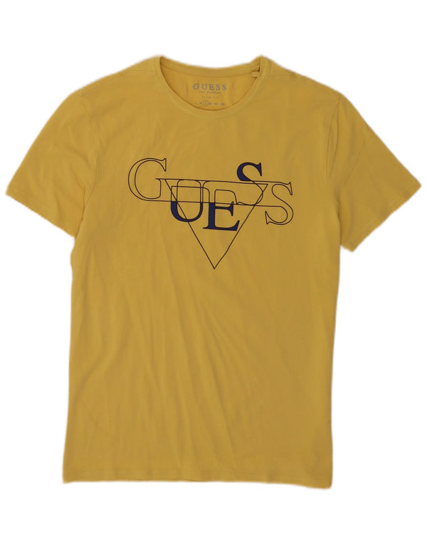 Guess Herren-T-Shirt mit schmaler Passform, Grafik, Größe L, aus gelber Baumwolle