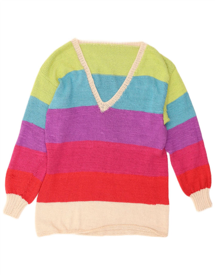 VINTAGE Damen V-Ausschnitt Pullover Pullover UK 12 Medium Mehrfarbig gestreift