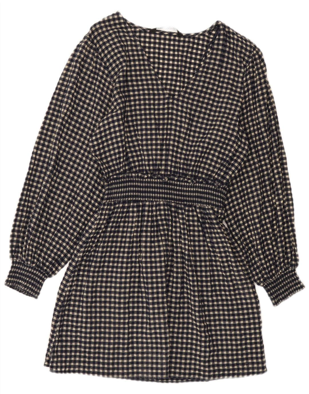 Zara Damen Langarm-Basic-Kleid UK 10 Small Marineblau Gingham Baumwolle