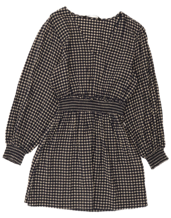 Zara Damen Langarm-Basic-Kleid UK 10 Small Marineblau Gingham Baumwolle